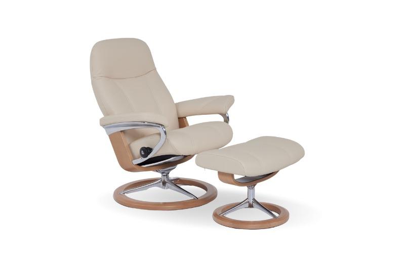 Stressless Consul Cream Small Sig Recliner Chair and Stool